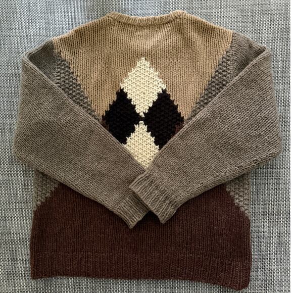 Vintage Unisex 100% Wool Hand Knit Chunky Crew Argyle Sweater M Light Academia - Picture 2 of 4